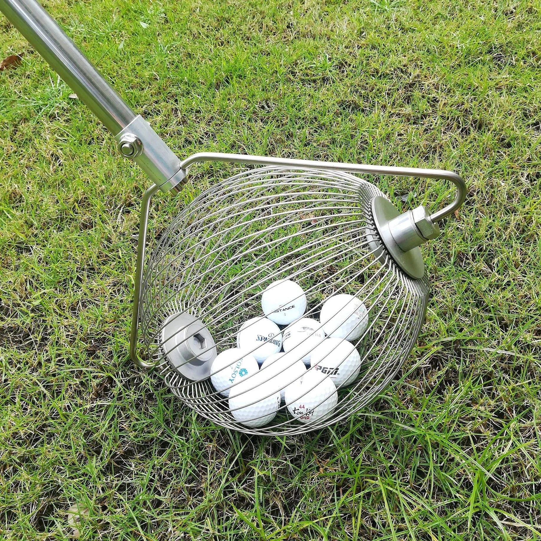 Stainless steel golf ball picker tool with metallic finish for retrieving balls from water hazards
