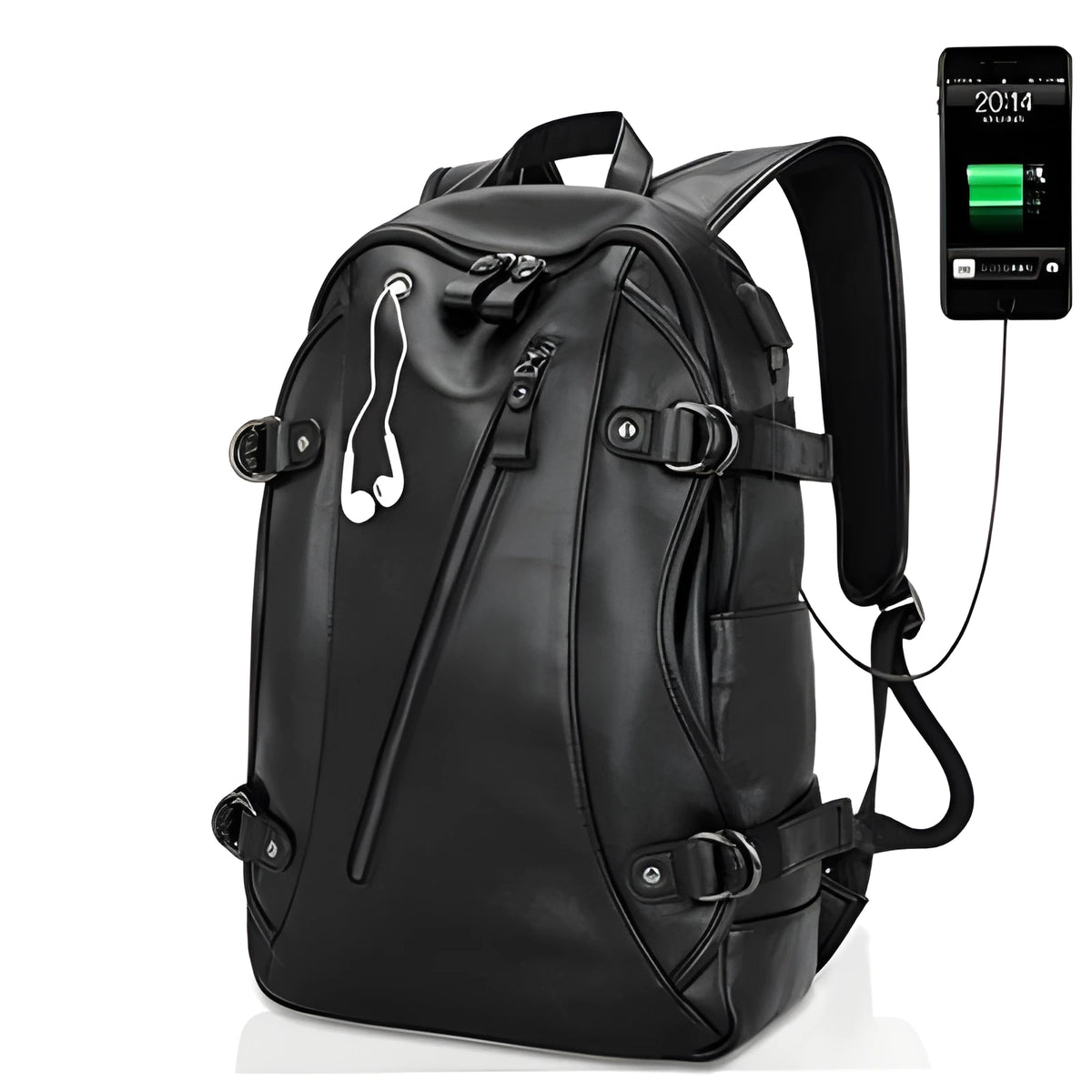 Real leather USB charging backpack with large capacity and waterproof design