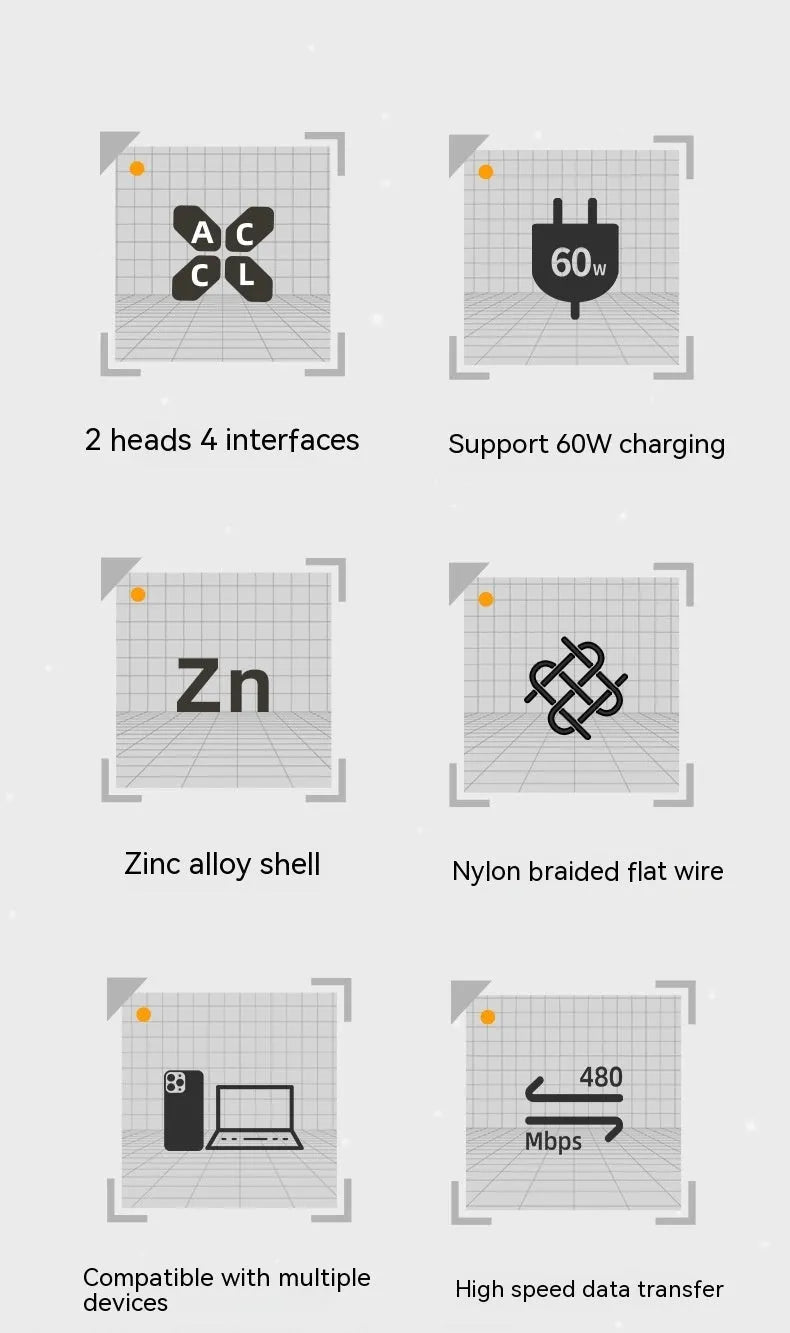 Four-in-one fast charge data cable in Tungsten Black with zinc alloy connector and braided nylon cable