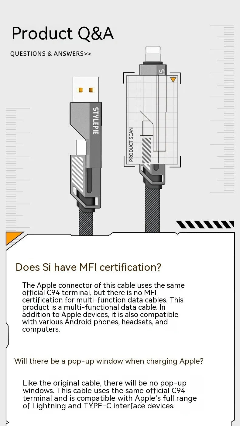 Four-in-one fast charge data cable in Tungsten Black with zinc alloy connector and braided nylon cable