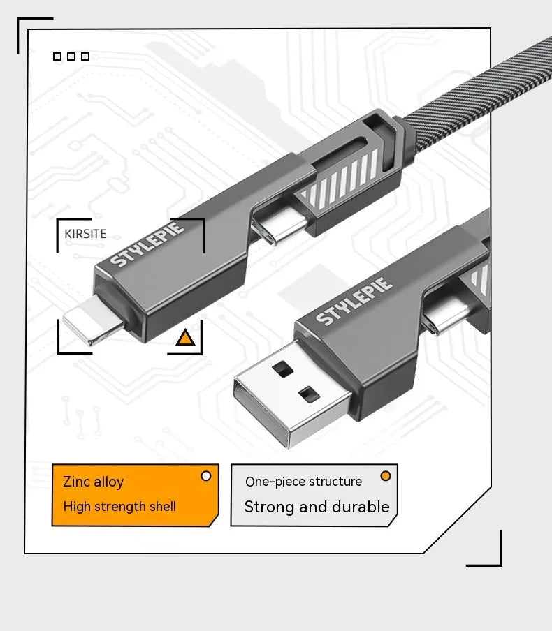 Four-in-one fast charge data cable in Tungsten Black with zinc alloy connector and braided nylon cable