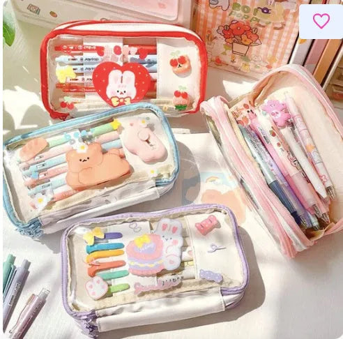 Transparent TPU pen bag with cartoon rabbit design in pink or red colour options.
