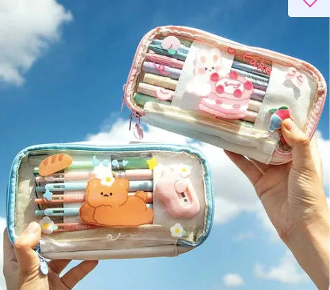 Transparent TPU pen bag with cartoon rabbit design in pink or red colour options.