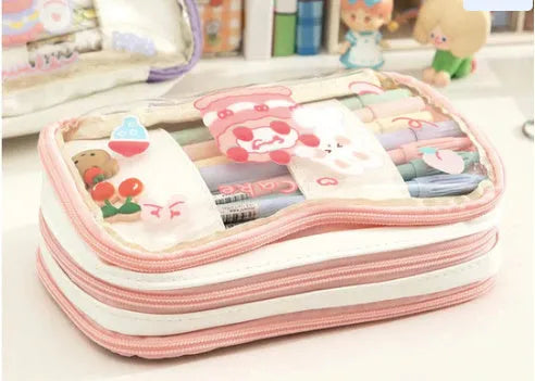 Transparent TPU pen bag with cartoon rabbit design in pink or red colour options.