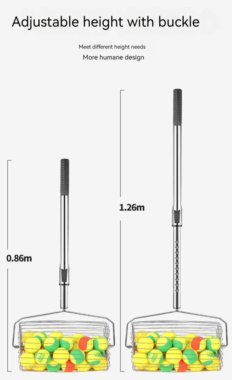 Stainless steel tennis ball picker with adjustable handle on a court.