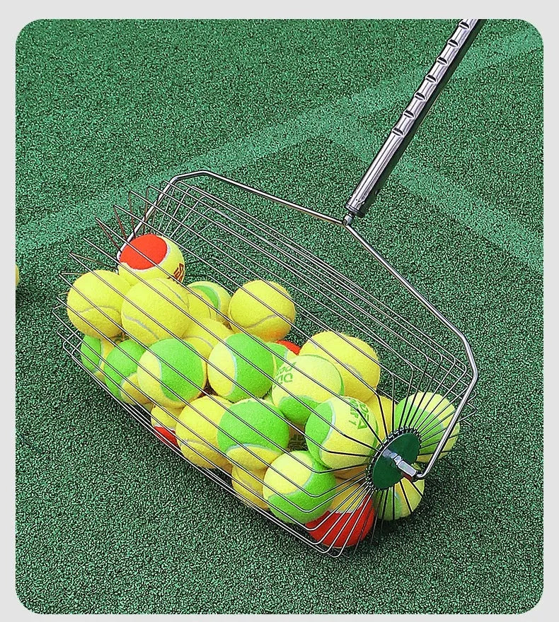 Stainless steel tennis ball picker with adjustable handle on a court.