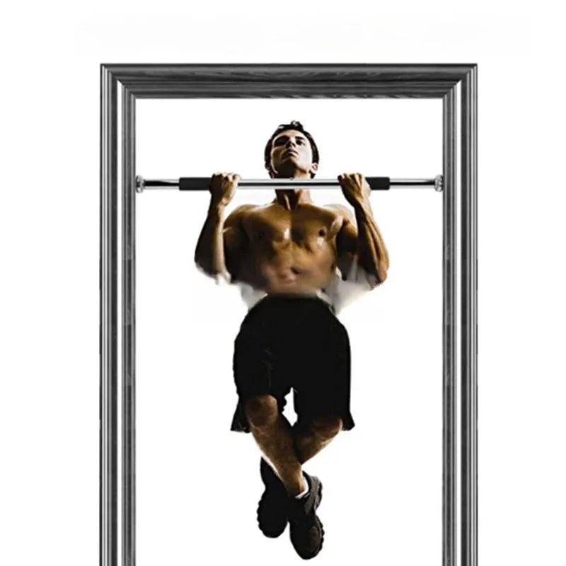 Steel adjustable indoor pull-up bar extended to fit within a door frame.
