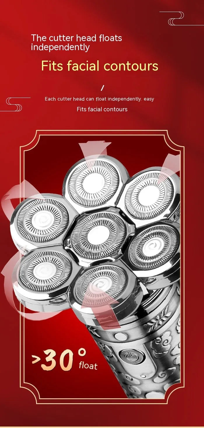 Zinc alloy electric shaver in silver and black with floating cutter head and USB charging port