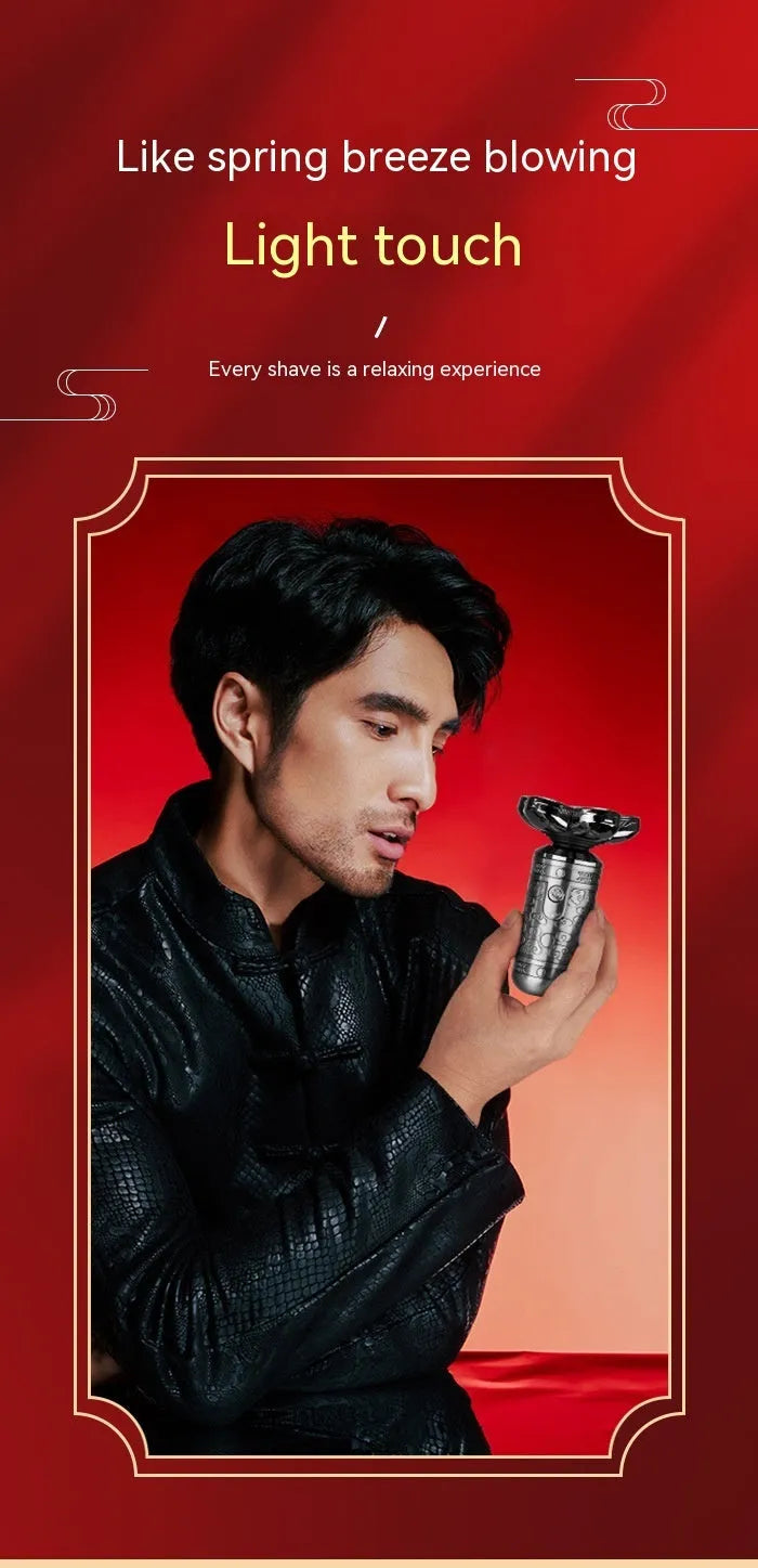 Zinc alloy electric shaver in silver and black with floating cutter head and USB charging port