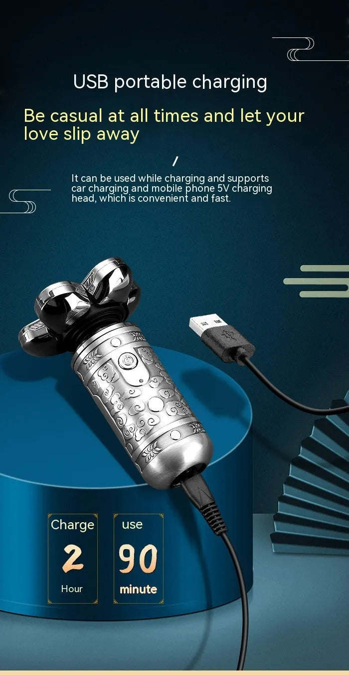 Zinc alloy electric shaver in silver and black with floating cutter head and USB charging port