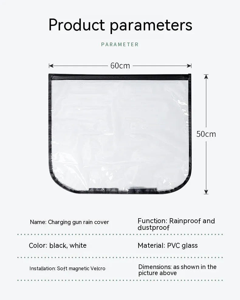 Black waterproof PVC rain cover for electric vehicle charging gun with magnetic strips.