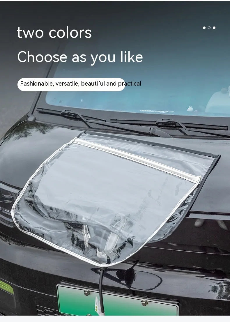 Black waterproof PVC rain cover for electric vehicle charging gun with magnetic strips.