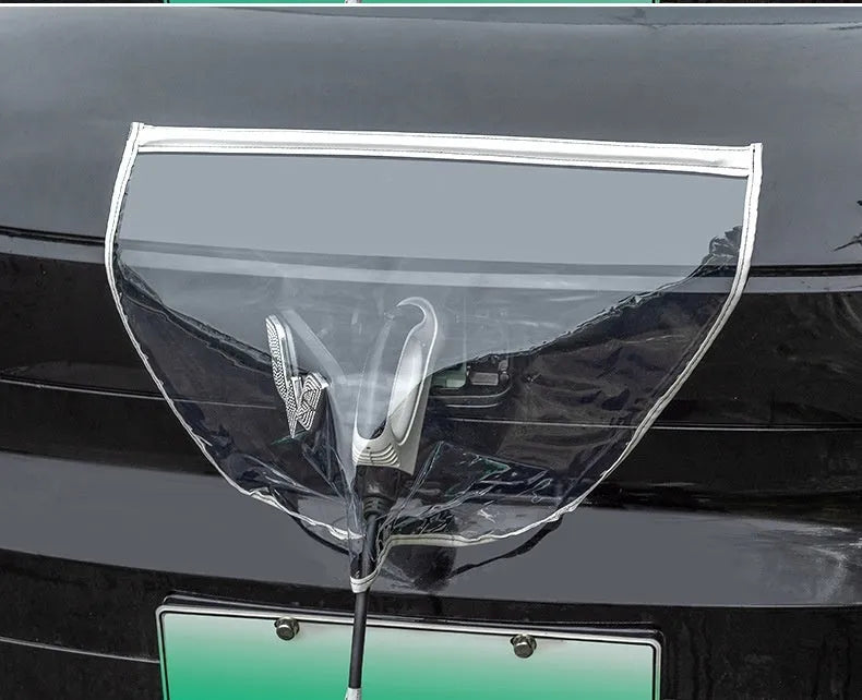 Black waterproof PVC rain cover for electric vehicle charging gun with magnetic strips.
