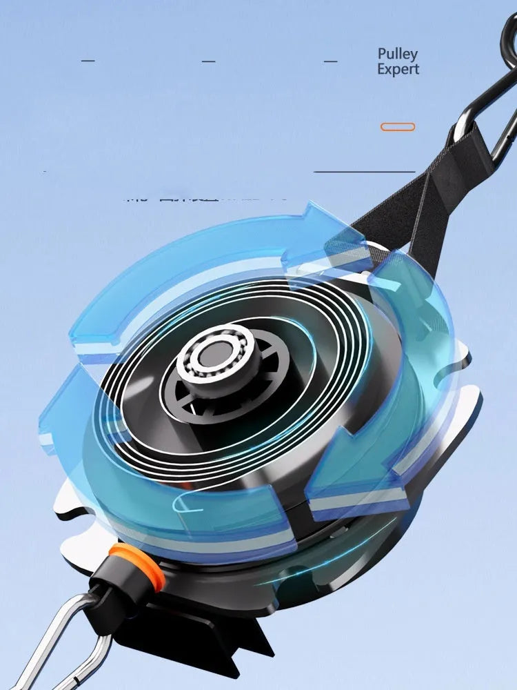 Fitness equipment with chest expander and rowing machine functions in blue/grey colour