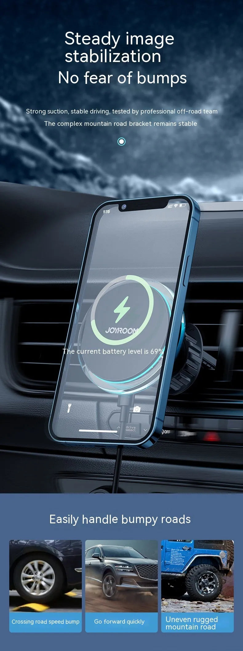 Black magnetic wireless car charger mounted on car air vent with phone attached