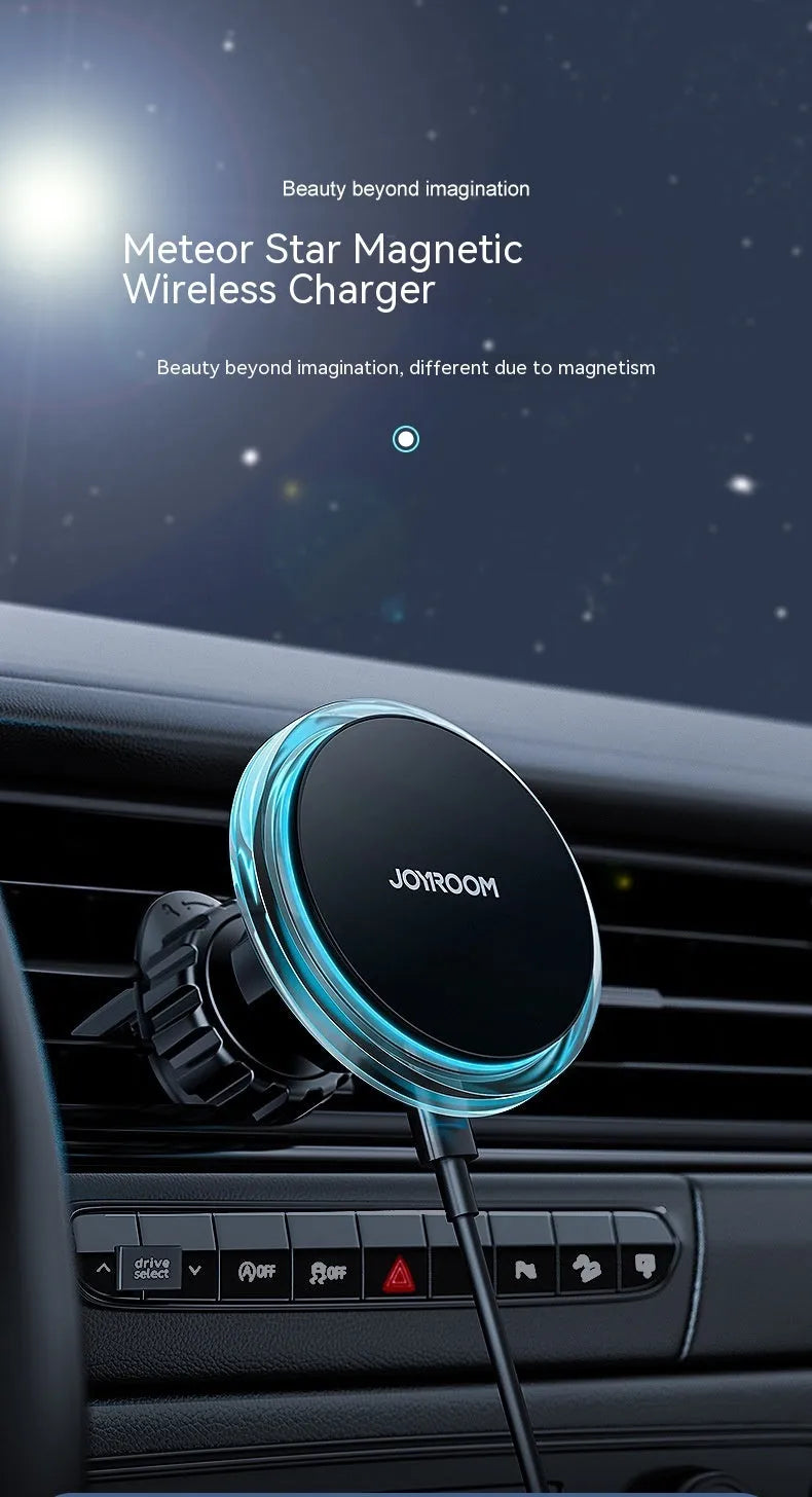 Black magnetic wireless car charger mounted on car air vent with phone attached