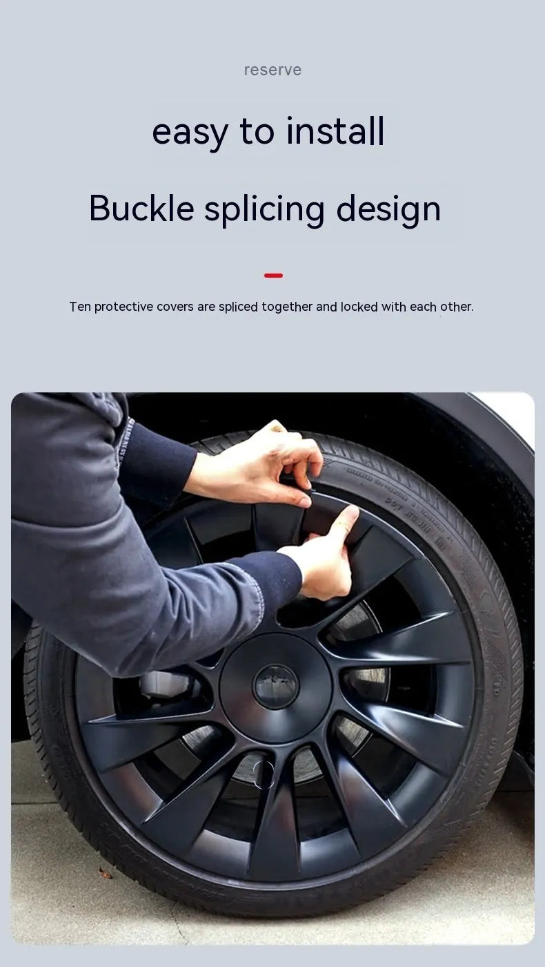 Tesla Model Y plastic wheel hub cover set in multiple colour options including carbon fiber pattern