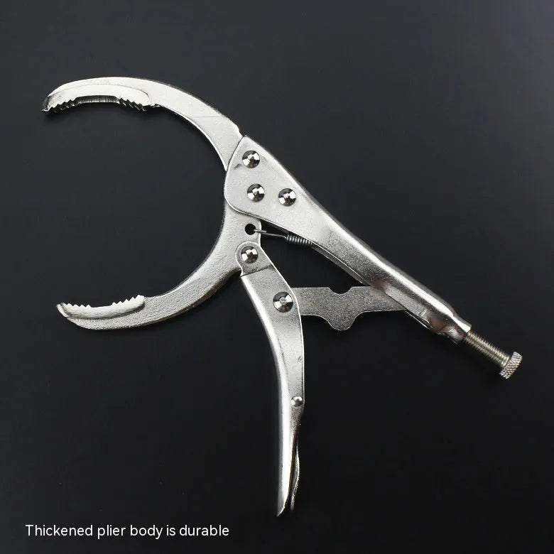 Adjustable clamp-style oil filter wrench with three jaws, made from black 45 steel, showing size adjustment mechanism