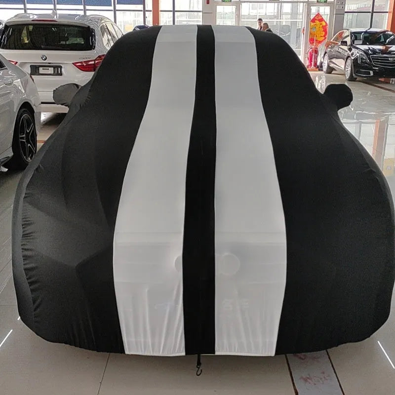 Ford Mustang car cover with elastic edges shown in light grey colour option