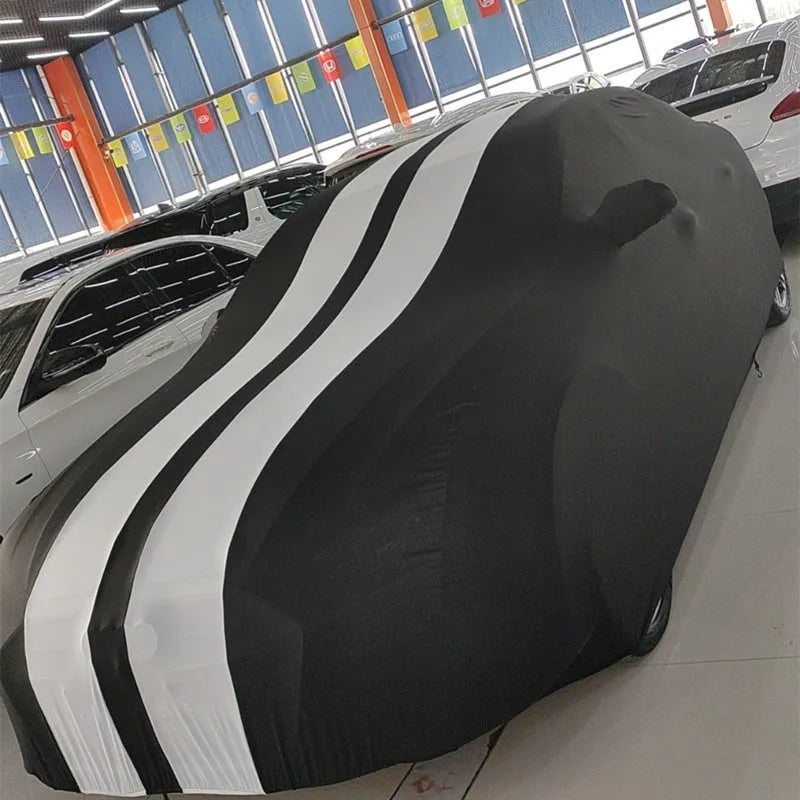 Ford Mustang car cover with elastic edges shown in light grey colour option