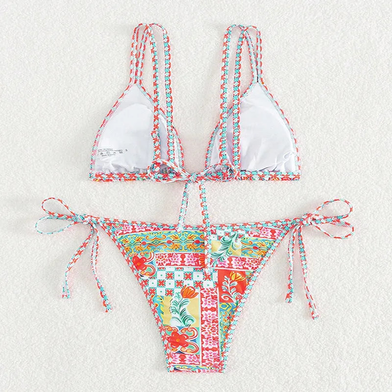 Women's lace-up split swimsuit with brief bottom in polyester fabric