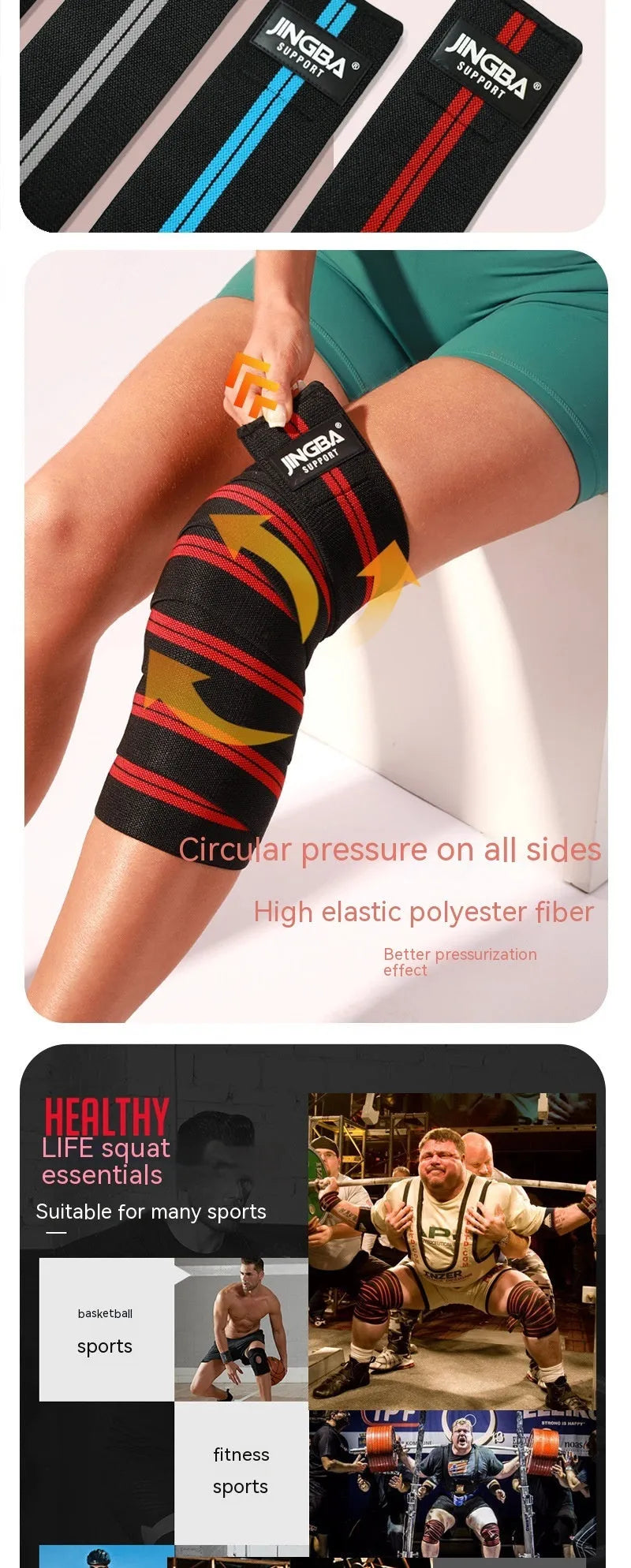 Adjustable knee pads for sports protection in blue, yellow, red and grey colours