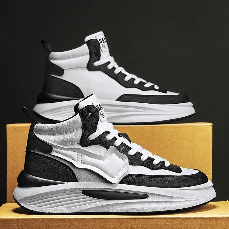 Men's black and white platform high-top board shoes with round toe and artificial PU uppers
