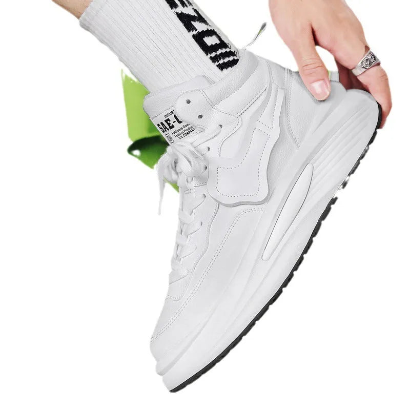 Men's black and white platform high-top board shoes with round toe and artificial PU uppers