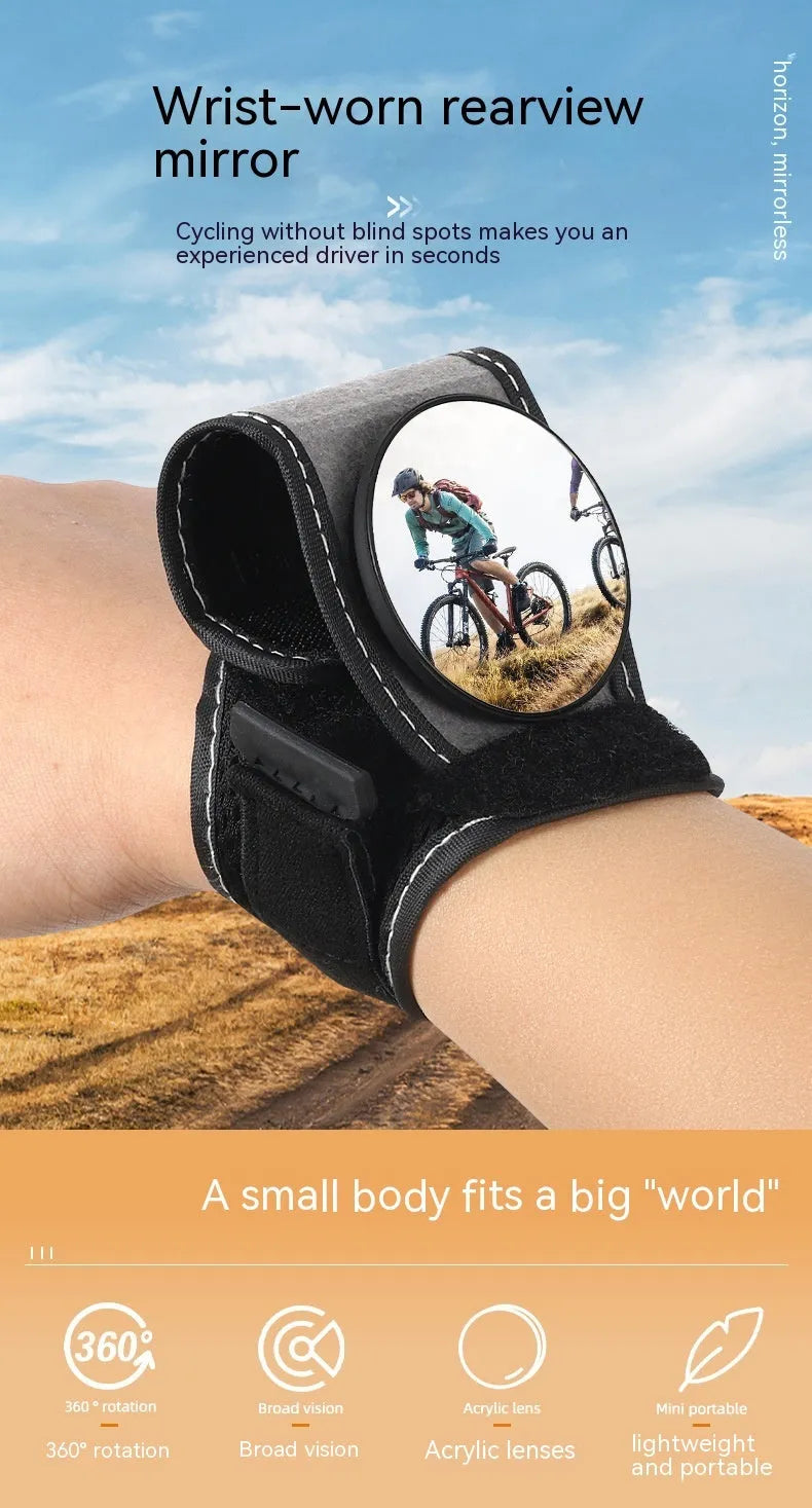 Black wrist-mounted bicycle rear-view mirror with adjustable nylon strap for cycling safety