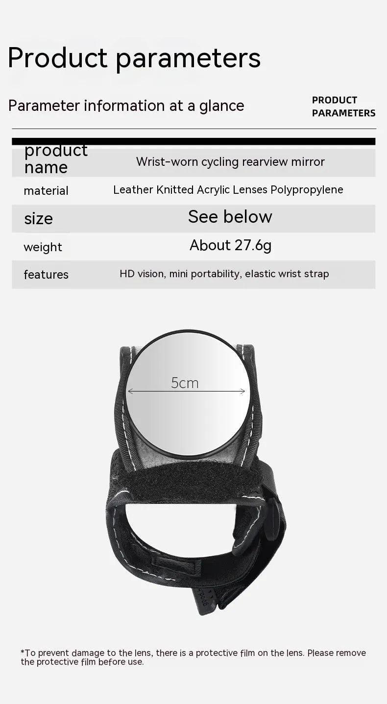 Black wrist-mounted bicycle rear-view mirror with adjustable nylon strap for cycling safety