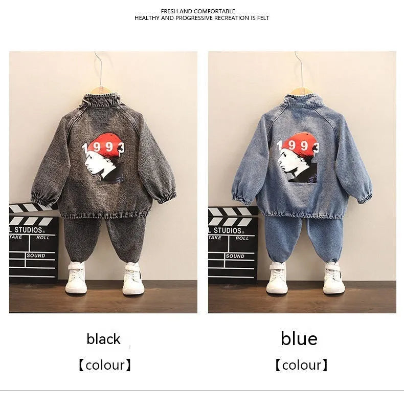 Boys' black and blue denim two-piece suit set with long sleeves, shown in Korean style.