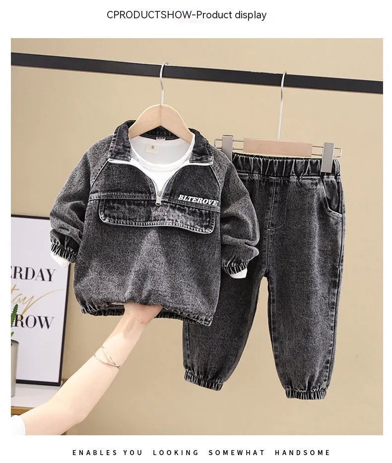 Boys' black and blue denim two-piece suit set with long sleeves, shown in Korean style.