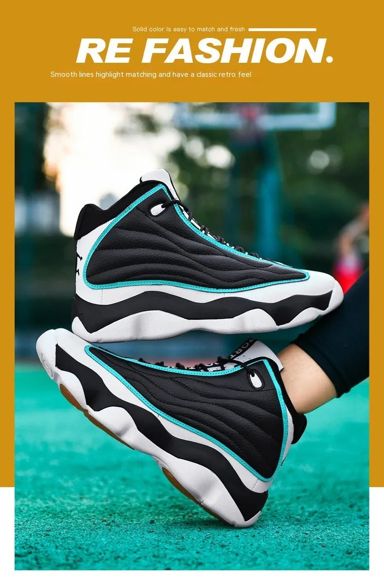 Men's high-top basketball shoes with mesh upper and thick rubber sole in AJ13 colour options