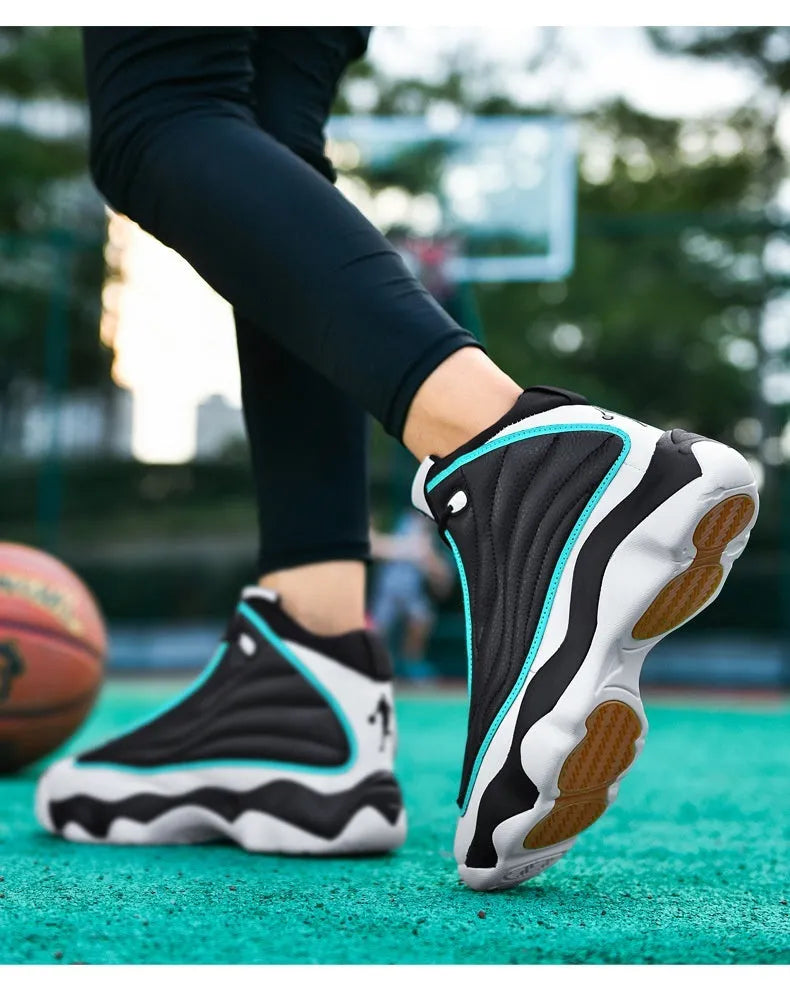 Men's high-top basketball shoes with mesh upper and thick rubber sole in AJ13 colour options