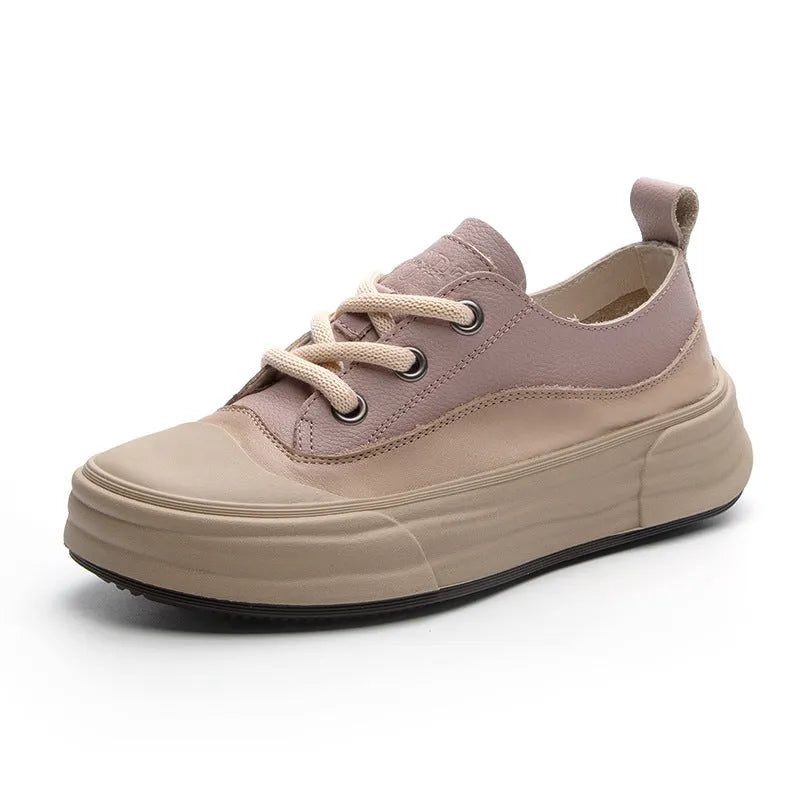 Women's solid colour leather platform sneakers in matcha, purple, or orange with a round toe and lace-up front.