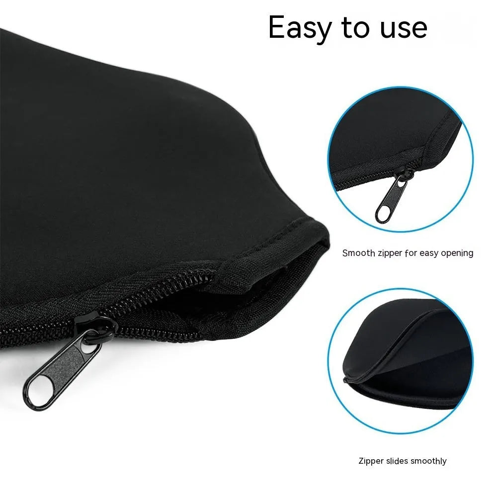 A black neoprene protective sleeve for a table tennis racket blade.