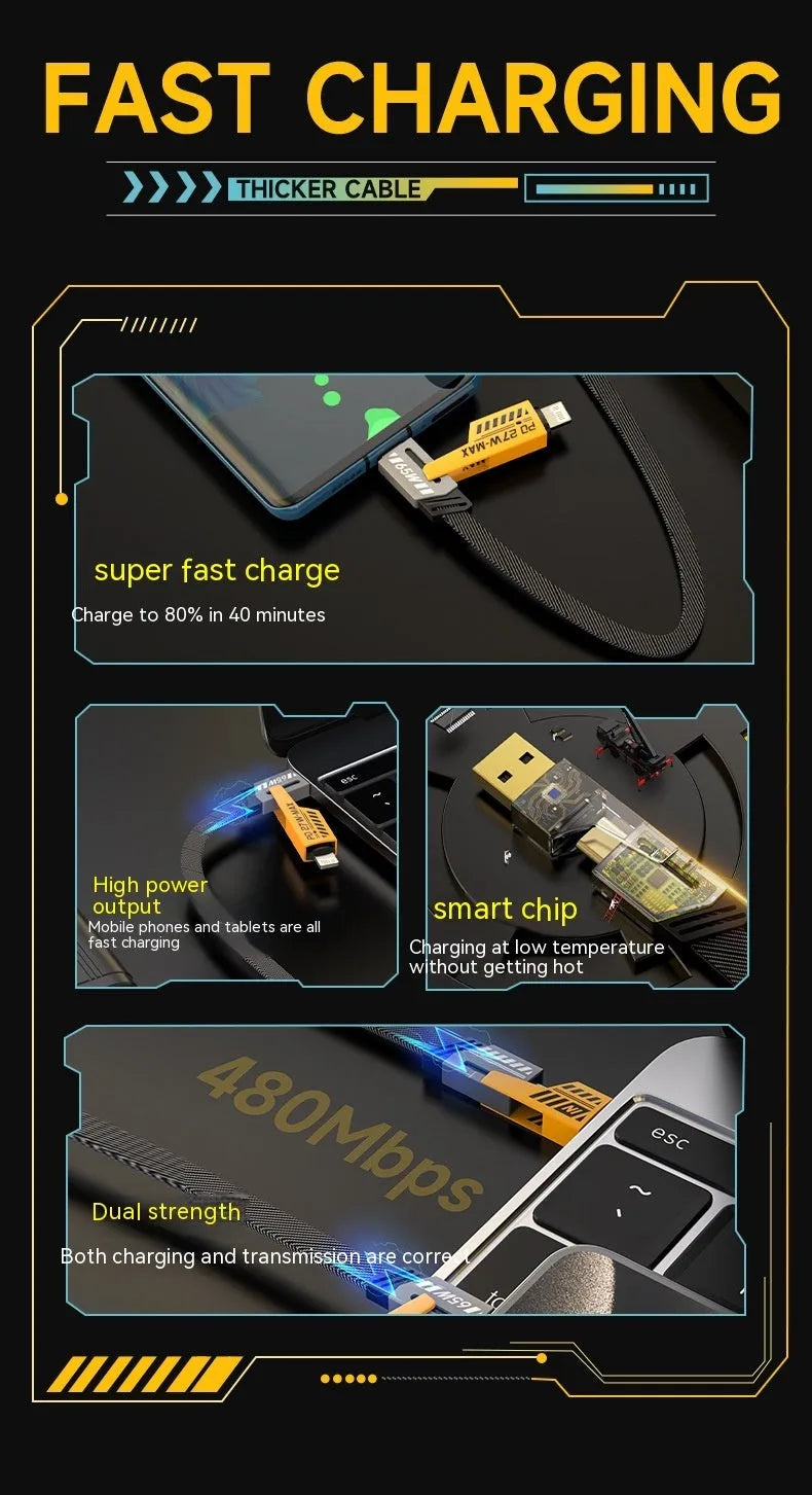 Four-in-one super fast charge data cable 65W yellow with USB-A and Type-C connectors