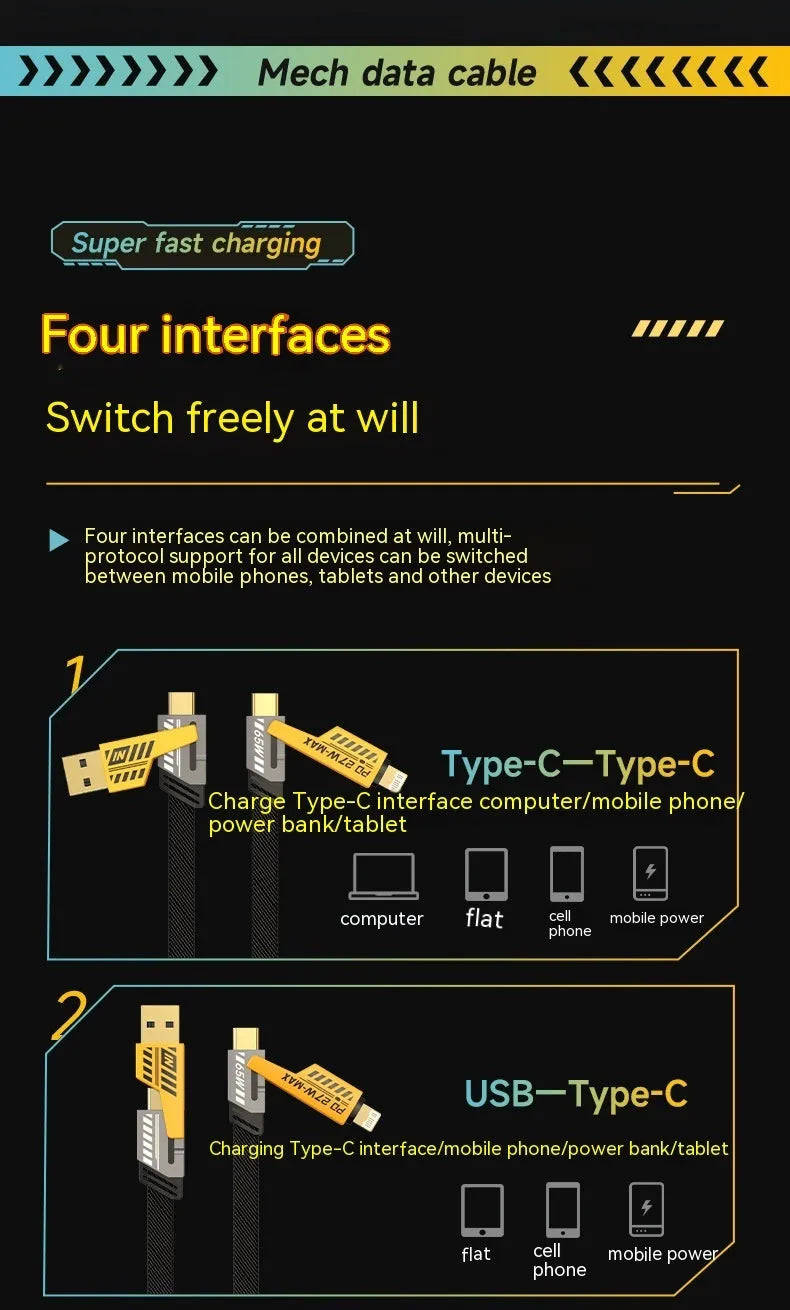 Four-in-one super fast charge data cable 65W yellow with USB-A and Type-C connectors