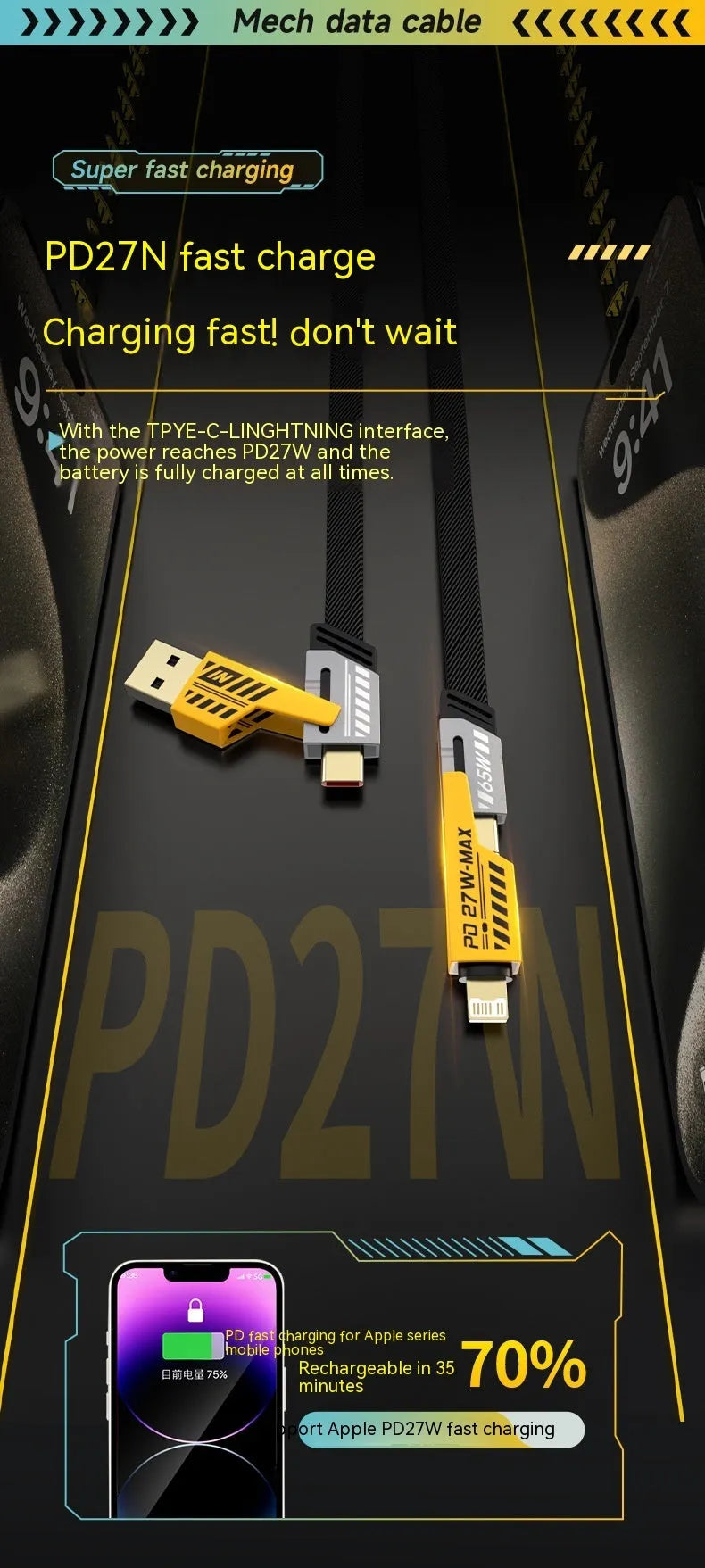 Four-in-one super fast charge data cable 65W yellow with USB-A and Type-C connectors