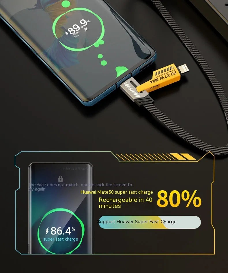 Four-in-one super fast charge data cable 65W yellow with USB-A and Type-C connectors