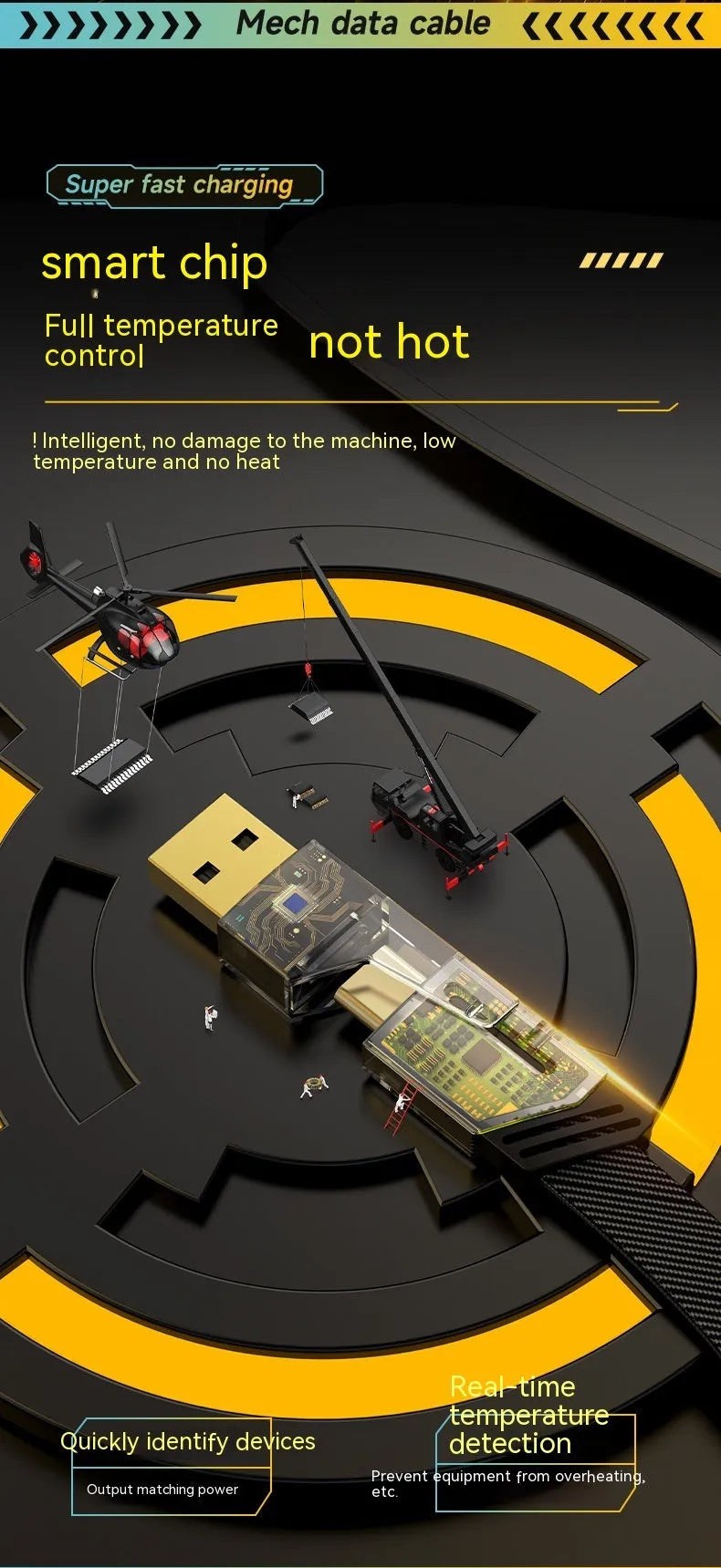 Four-in-one super fast charge data cable 65W yellow with USB-A and Type-C connectors