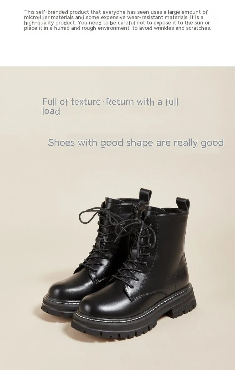 Retro British style platform ankle boots with front lace-up, horseshoe heel, and visible stitching in black