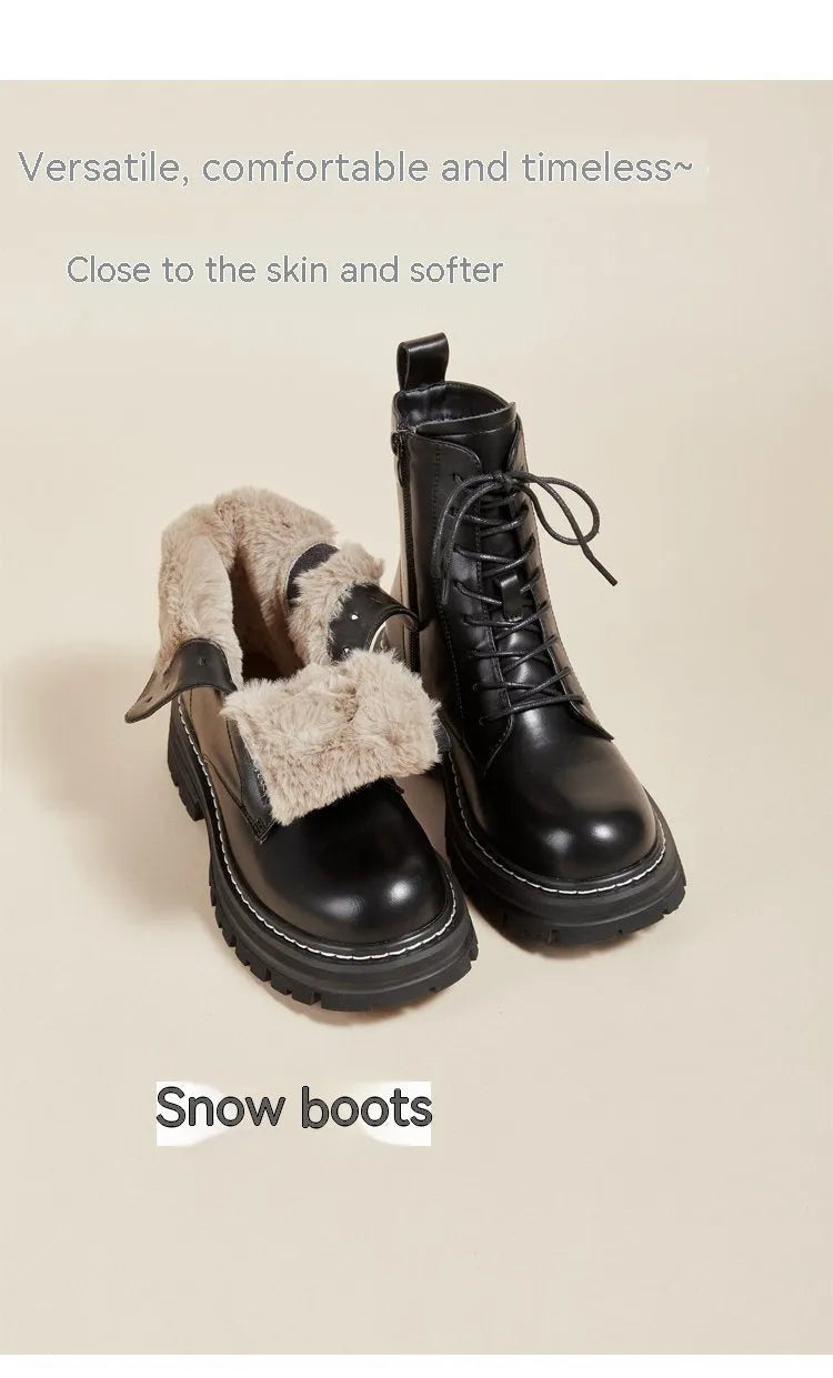 Retro British style platform ankle boots with front lace-up, horseshoe heel, and visible stitching in black