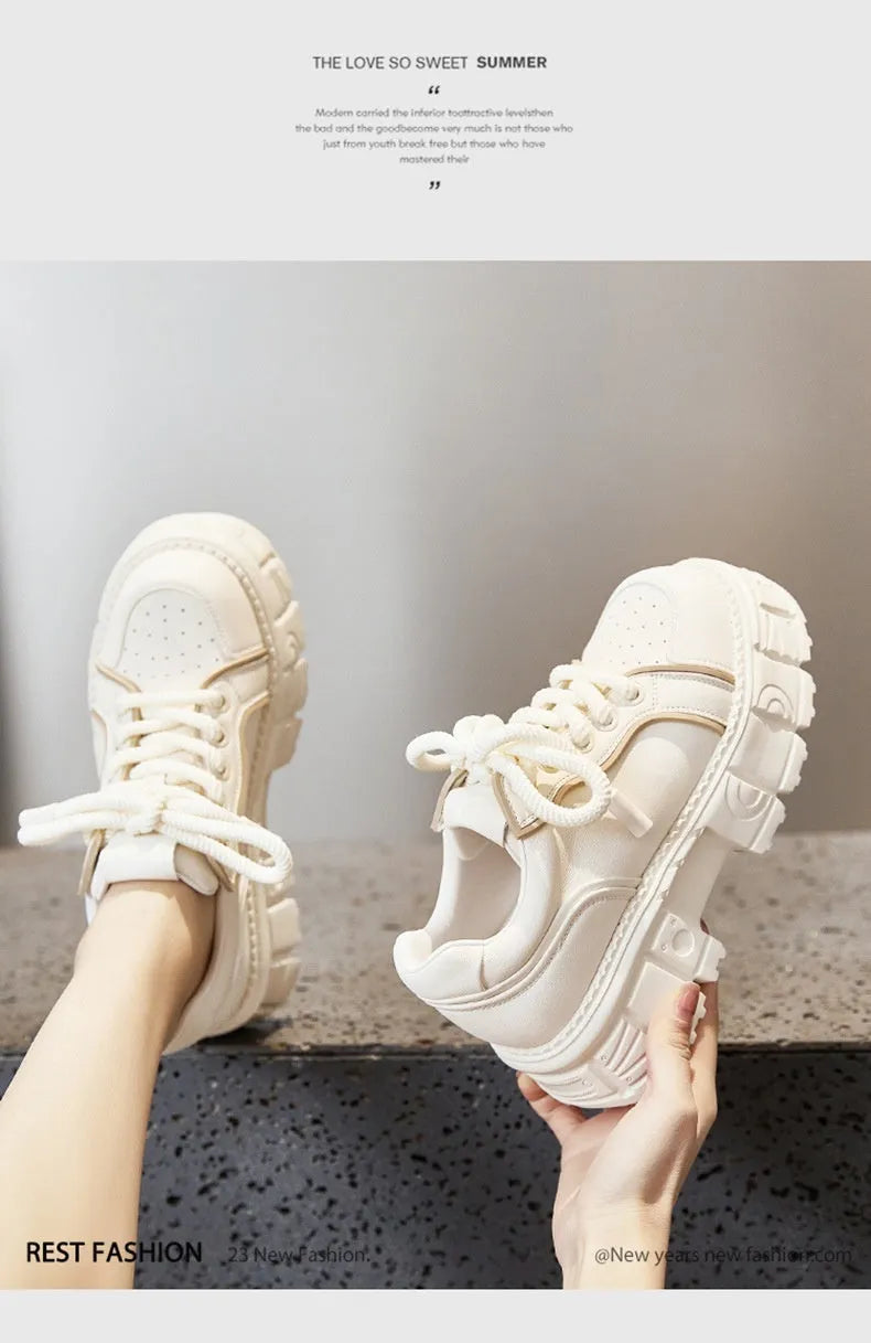 Women's beige leather casual shoes with muffin bottom height-increasing design