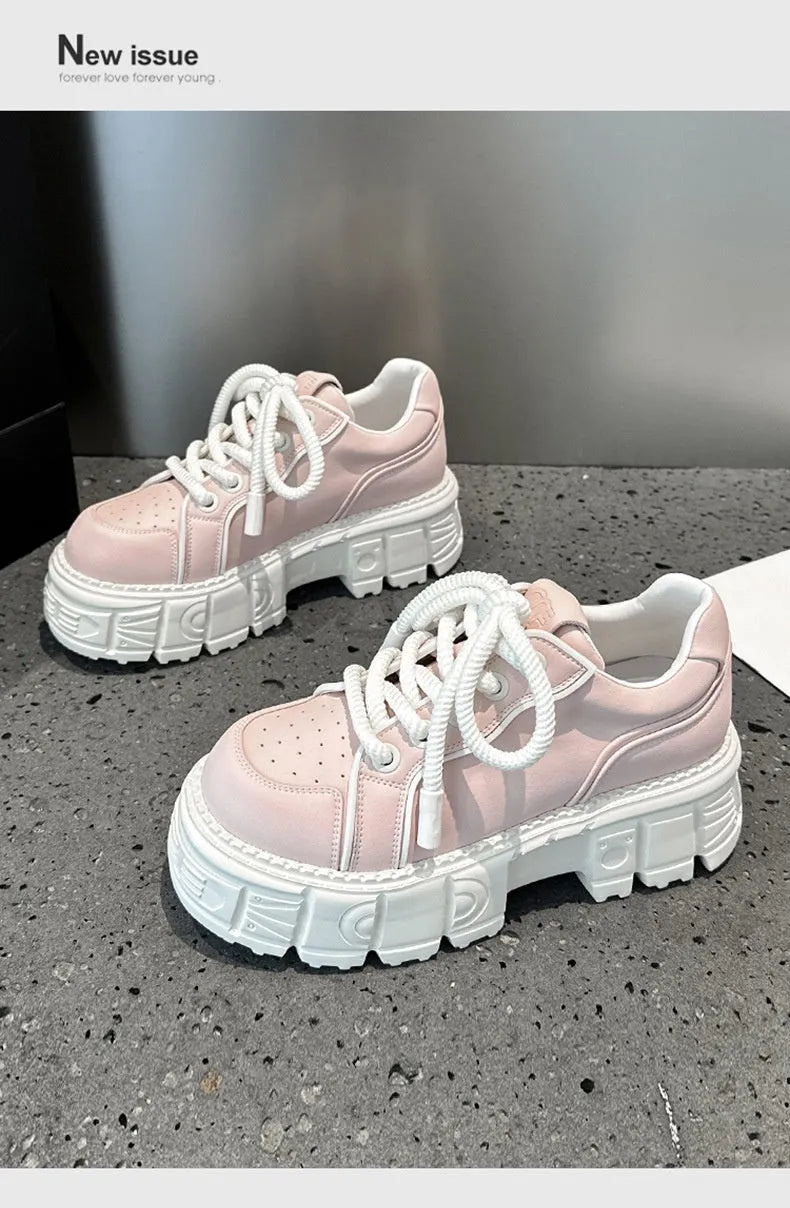 Women's beige leather casual shoes with muffin bottom height-increasing design