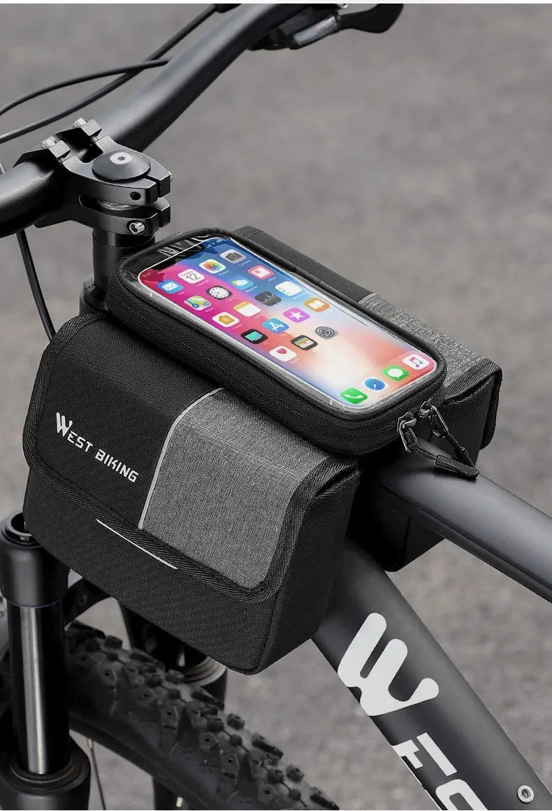 Black and grey bicycle handlebar saddle bag with bilateral tube design and adjustable straps