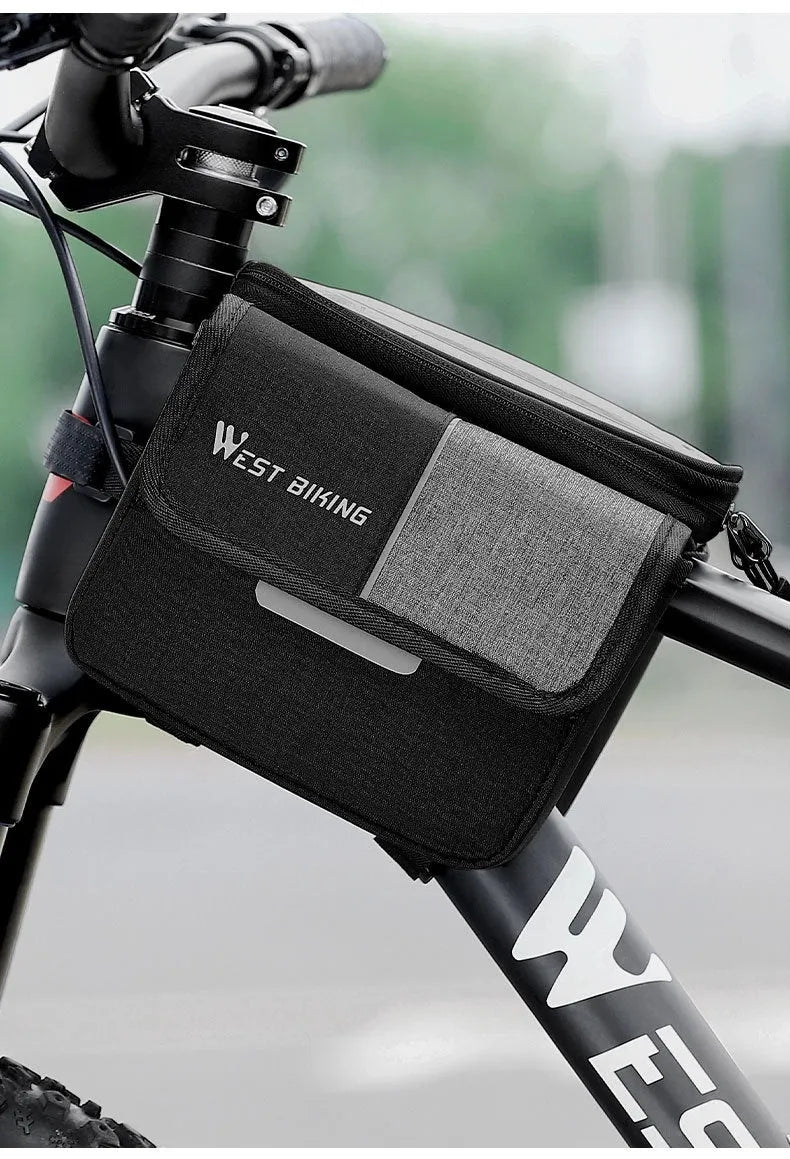 Black and grey bicycle handlebar saddle bag with bilateral tube design and adjustable straps