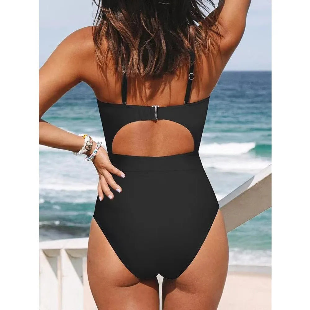Women's black cross-back one-piece swimsuit with European/American style backless design