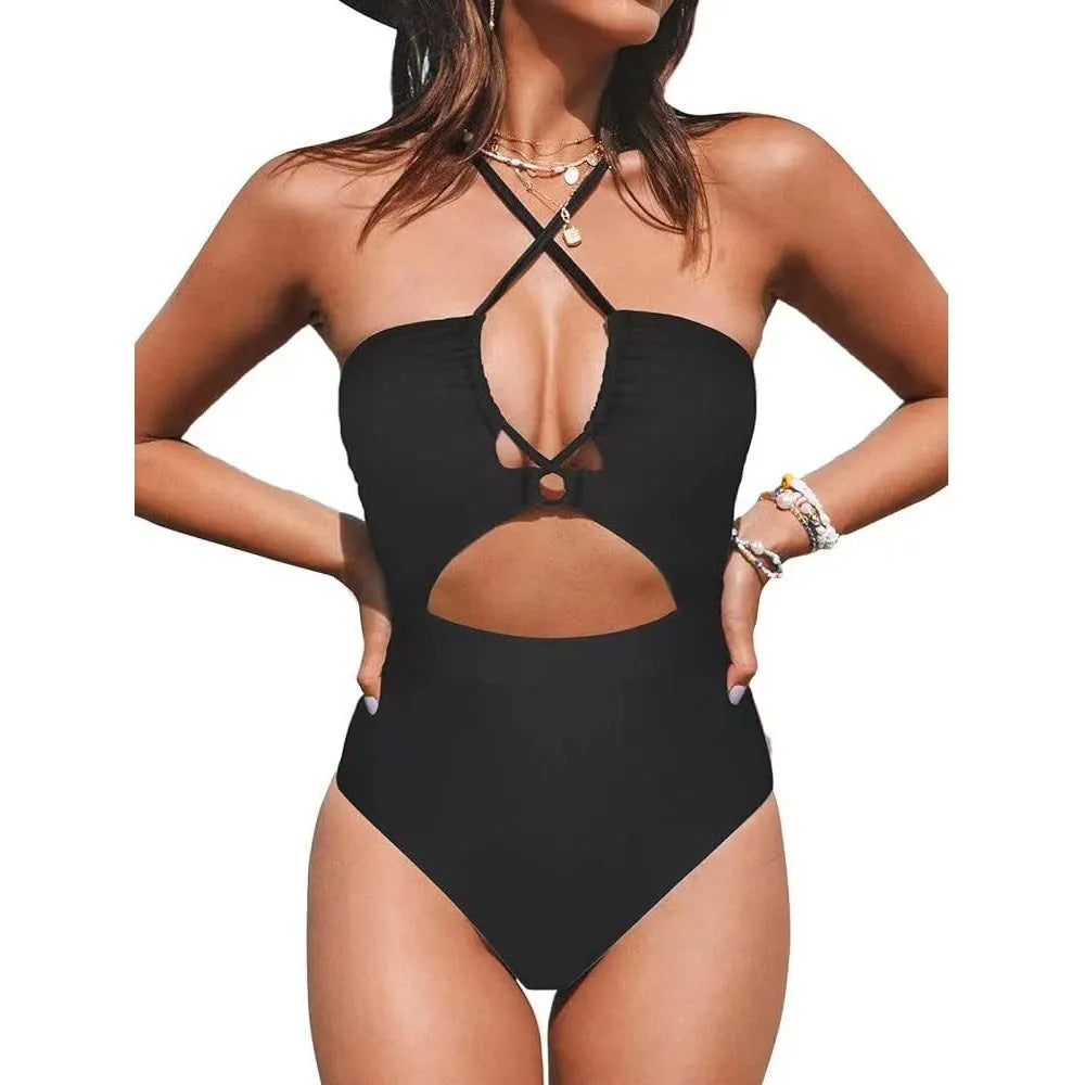 Women's black cross-back one-piece swimsuit with European/American style backless design