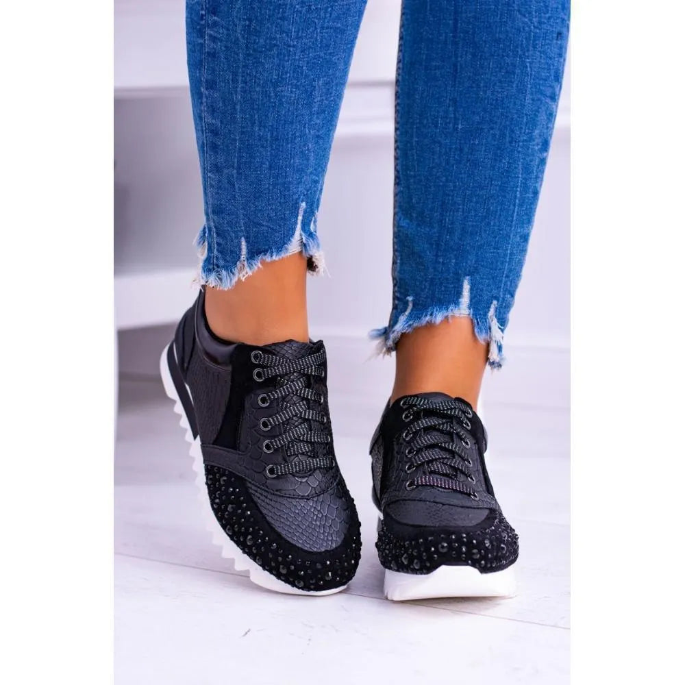 Plus size women's black sports running shoes with rhinestone accents, non-slip rubber sole, and front lace-up closure